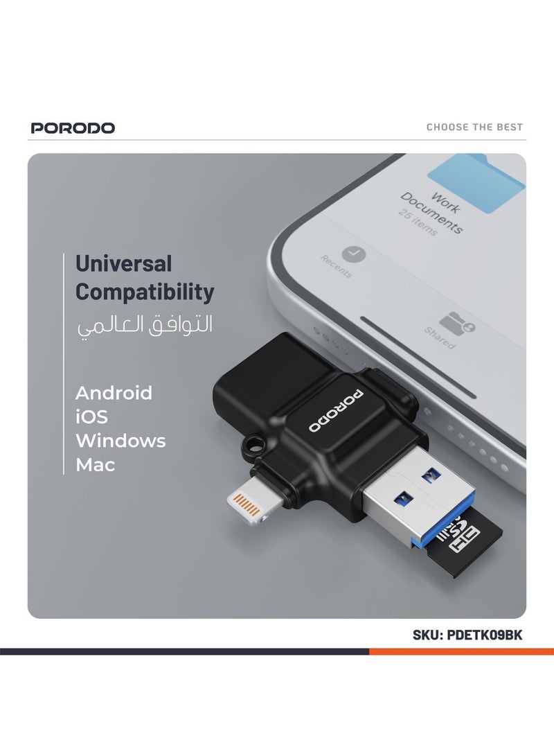 porodo 4-in-1 OTG Adapter & TF Card Reader /USB 3.0 / Lightning/ Type-C/USB 2.0/ Fast Data Transfer / Plug & Play / Multi-Interface OTG Adapter for Work, Travel, or Everyday Use - Black - Image 3
